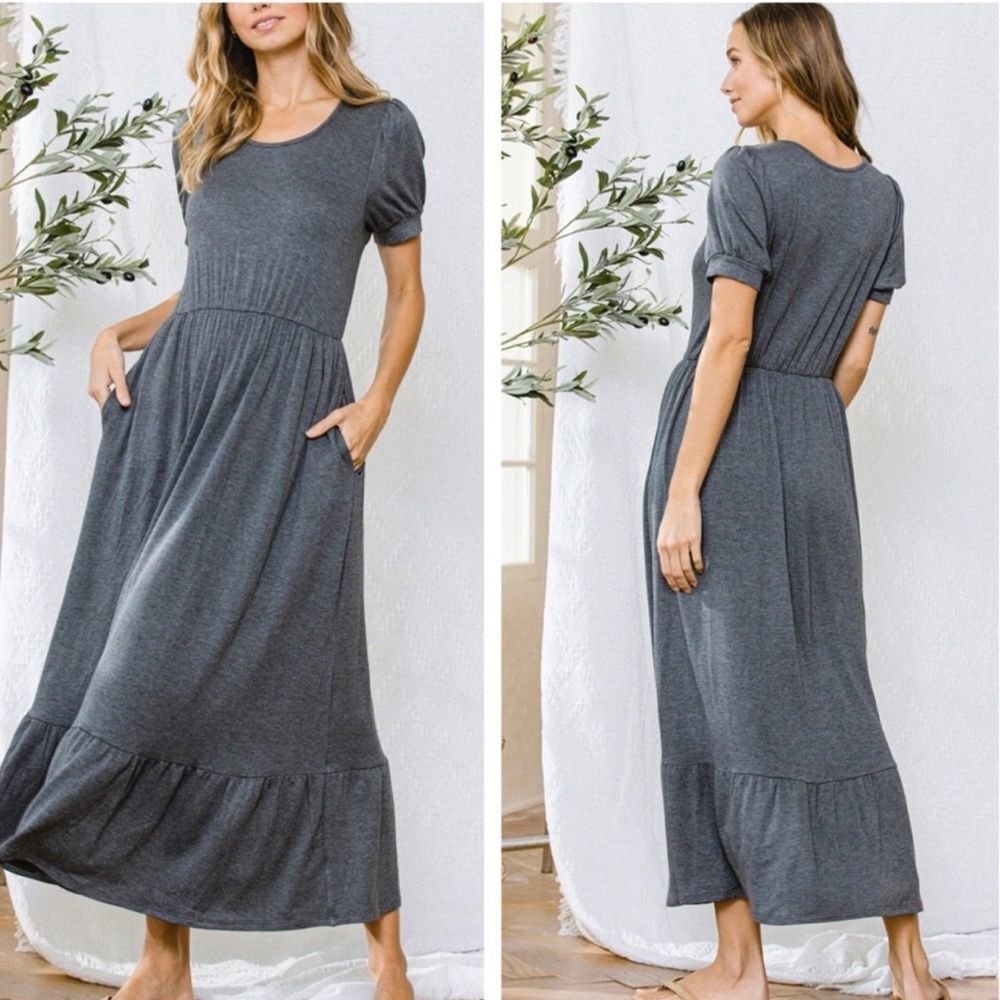 JILL Women’s Grey Chic Boho Short Puff Sleeve Tiered Maxi Dress Sz Large